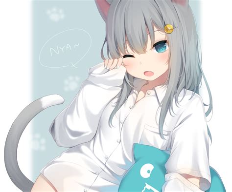 Amashiro Natsuki Animal Ears Aqua Eyes Catgirl Cropped Gray Hair Long