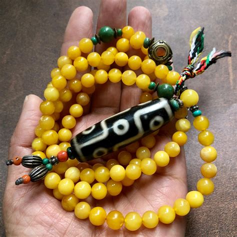 Genuine Amber Tibetan Mala With 9 Eye Old Dzi Bead Necklace Ping