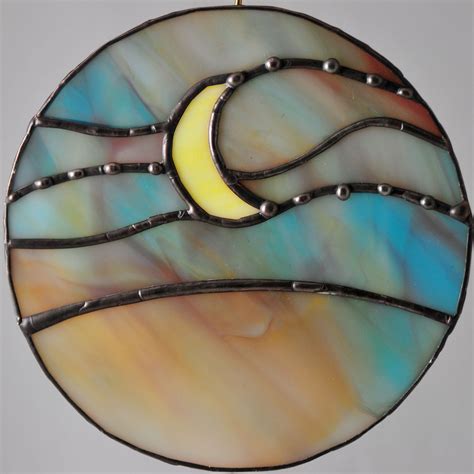 Yellow Moon In Aurora Sky Circle Reclaimed Stained Glass Panel Etsy