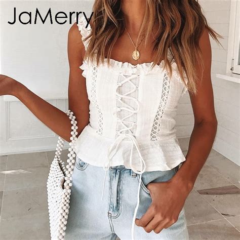 Jamerry Vintage Sexy White Lace Women Tank Tops Strap Ruffle Crop Top