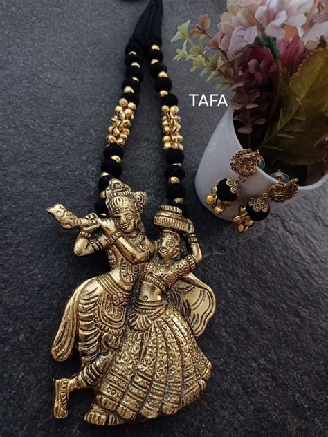 Radha Krishna And Lord Ganesha Oxidised Necklace Set Oxidized