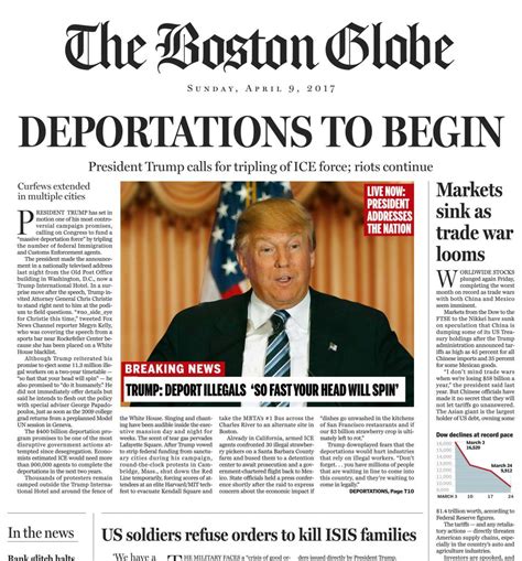An example of a national news article would be an article on the canadian government passing a new bill. US newspaper publishes fake 'President Trump' front page | The Times of Israel