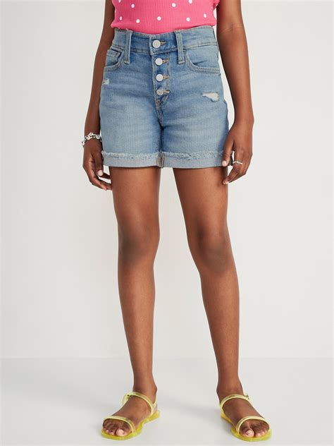 High Waisted Button Fly Rolled Frayed Hem Jean Midi Shorts For Girls