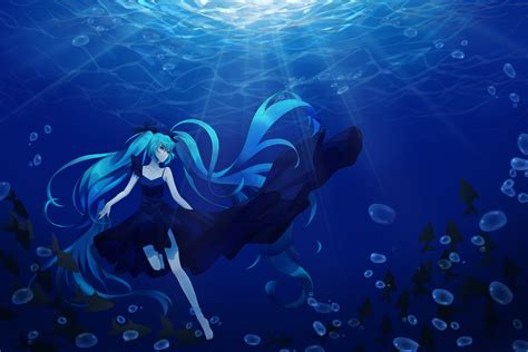 Aqua Eyes Aqua Hair Blue Deep Sea Girl Vocaloid Hatsune Miku Long