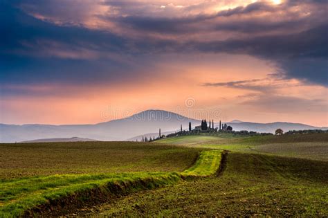 Scenic Tuscany Landscape At Sunrise Val D Orcia Italy Stock Photo