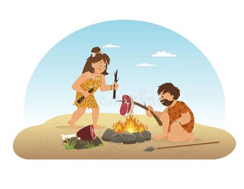 Stone Age People In Flat Vector Illustrations Prehistoric Life Stock Vector Illustration Of