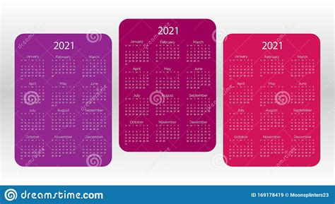 Set Of Colorful Vector Pocket Calendar 2021 Year Minimal Business