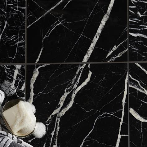 Black Marble Effect Marble Wall And Floor Tile Pack Of 5 L305mm W
