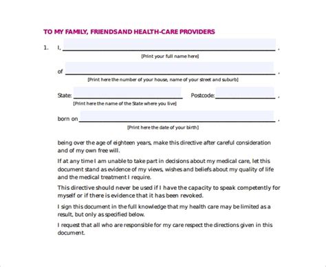 12 Advance Medical Directive Form Templates To Download Living Will