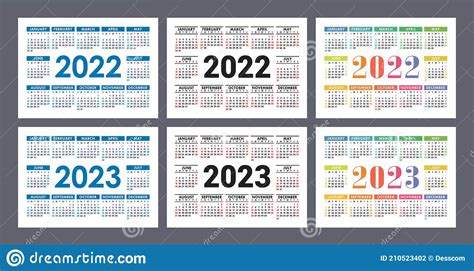 Calendar 2022 And 2023 Years English Colorful Vector Set Horizontal