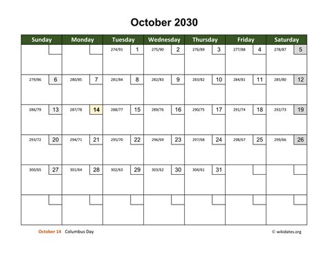October 2030 Calendar With Day Numbers