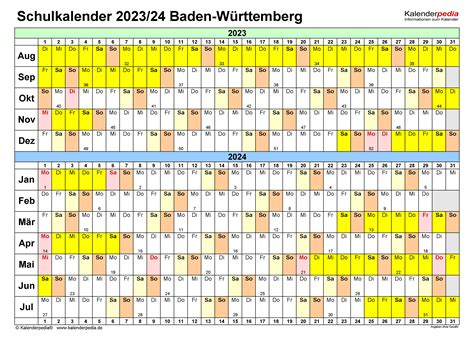 Schulkalender 2023/2024 Baden-Württemberg für PDF