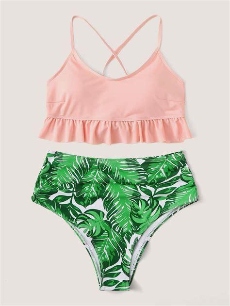 Pink Ruffle Hem Laced Up Top Swimsuit With Green Tropical Bikini Bottom Swimsuit Tops