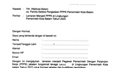 Contoh Surat Lamaran Pppk Tenaga Teknis Pemko Batam 2022 Download