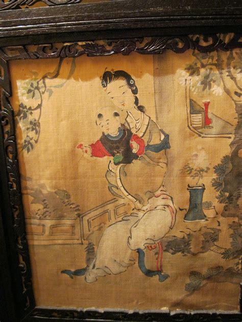 Three Antique Chinese Paintings On Silk Each Framed In A Carved Frame That Fits Together As