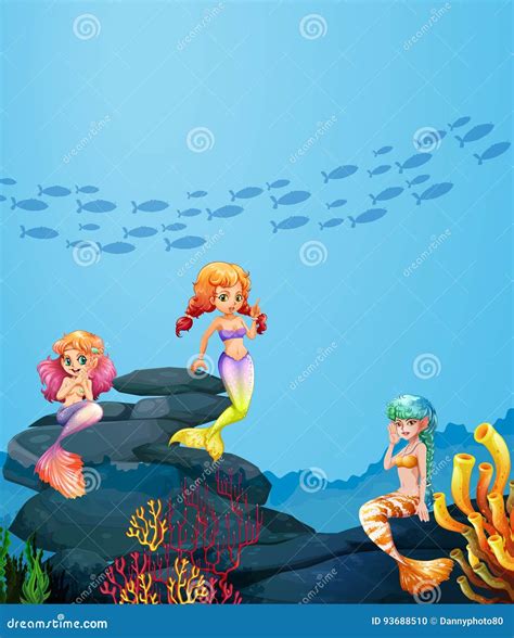 Three Mermaids Swimming Under The Ocean Stock Vector Illustration Of