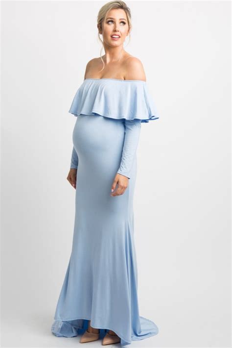 PinkBlush Light Blue Off Shoulder Ruffle Maternity Photoshoot Gown