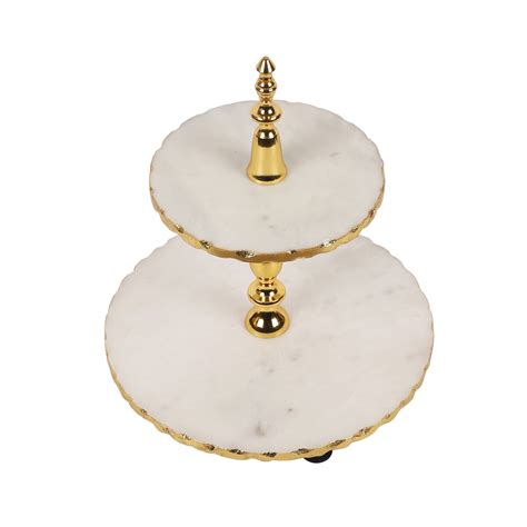 Handmade Marble Two Tier Cake Stand With Gold Finish Metal Cake Server