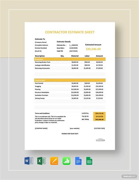 Contractor Estimate Sheet Template In Word Excel Google Docs Google Sheets Pages Numbers