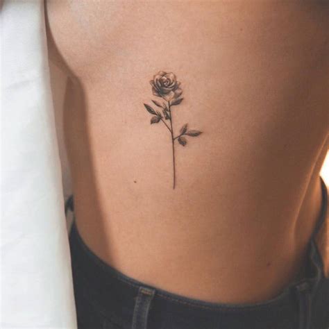 Single Needle Rose Tattoo On The Left Side Ribcage
