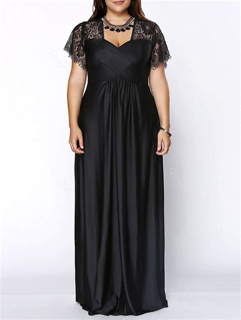 2018 Plus Size Lace Short Sleeve Maxi Evening Party Dress In Black 3xl