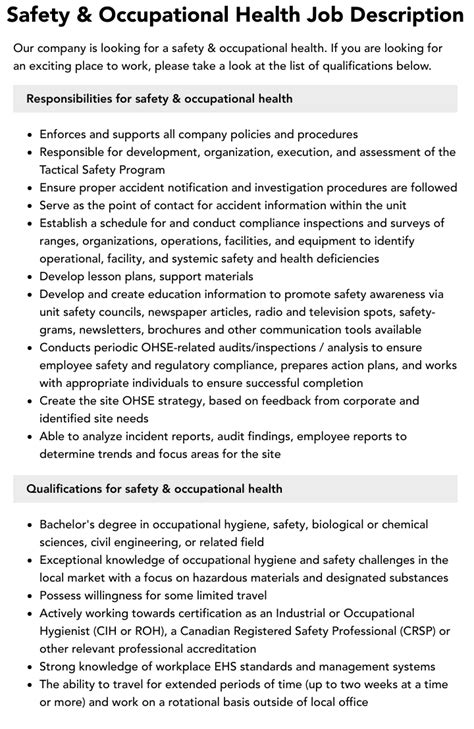 Safety And Occupational Health Job Description Velvet Jobs