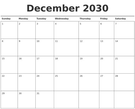 December 2030 Calendar Printable