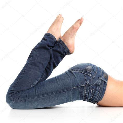 Close Up Of A Beautiful Woman Legs With Jeans And Barefoot Stock Photo By Antonioguillemf