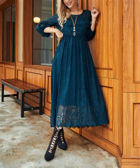 Suzanne Betro Dresses Teal Floral Lace Empire Waist Midi Dress Women