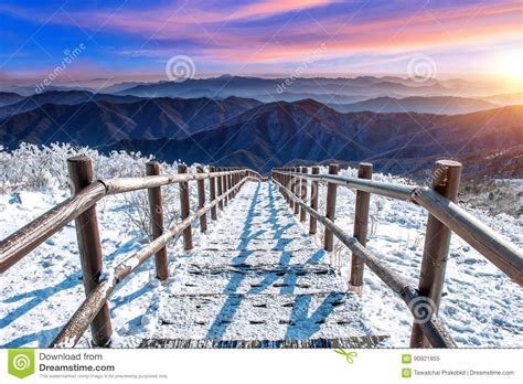 Beautiful Sunrise And Staircase On Deogyusan Mountains Covered W Stock