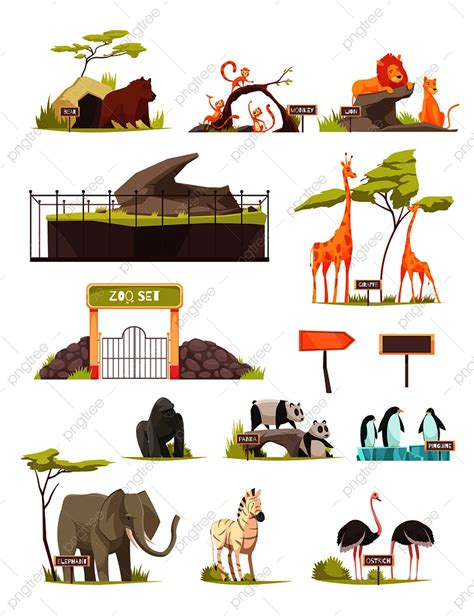 Gambar Koleksi Ikon Kartun Hewan Kebun Binatang Dengan Zebra Gajah