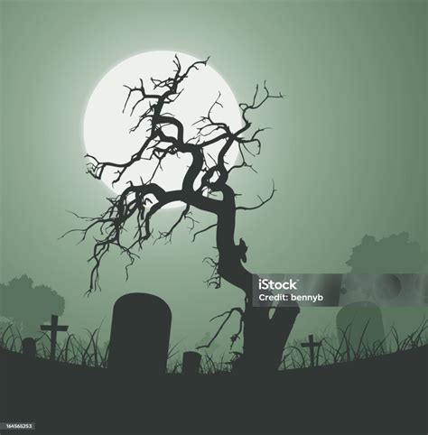 Pohon Mati Seram Halloween Di Kuburan Ilustrasi Stok Unduh Gambar