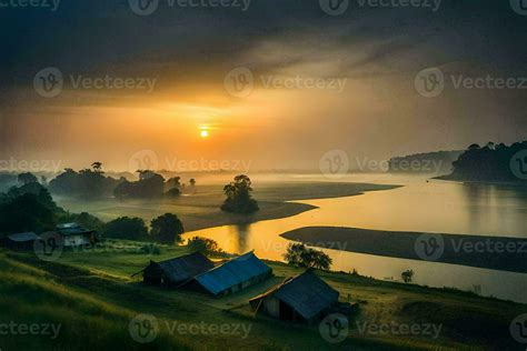 A Beautiful Sunrise Over A River And Some Huts Ai Generated 33438231