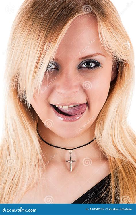 Seductive Blond Woman Licking Lips Stock Image Image Of Isolated