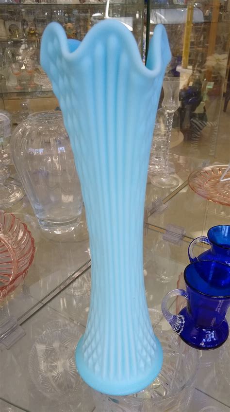 Fenton Blue Milk Glass Vase Diamond Pattern 14 Tall Etsy