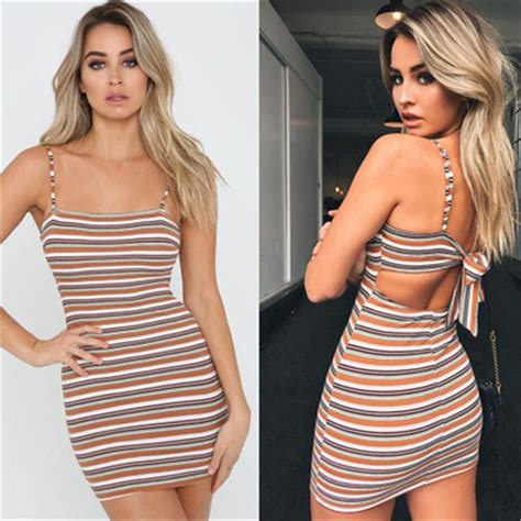 Women Fashion Striped Mini Dress Summer Sexy Backless Lace Up Spaghetti Strap Dress High Stretch