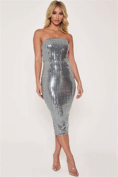Cutesove Sparkly Sequin Strapless Bodycon Midi Cocktail Party Dress