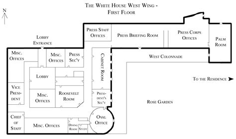 The first floor of the west wing includes the oval office and offices of the president's highest staff (and their secretaries) as well as meeting rooms and white house press corps offices. File:White House West Wing - 1st Floor.png - Wikipedia