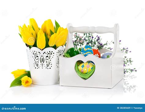 Easter Eggs In Basket With Spring Flowers Stock Image Image Of Cutout