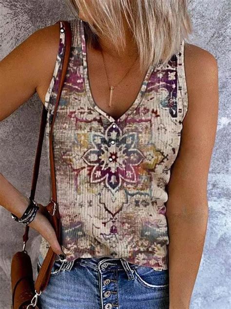 ethnic floral tank tops women v neck summer casual sleeveless shirts novelty western style cami