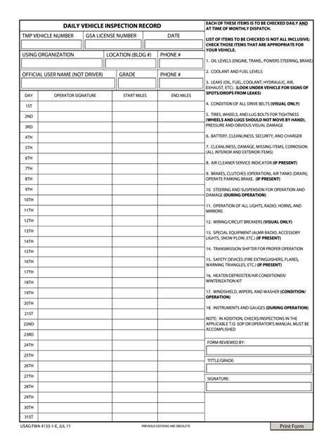 Uniform Inspection Checklist Template