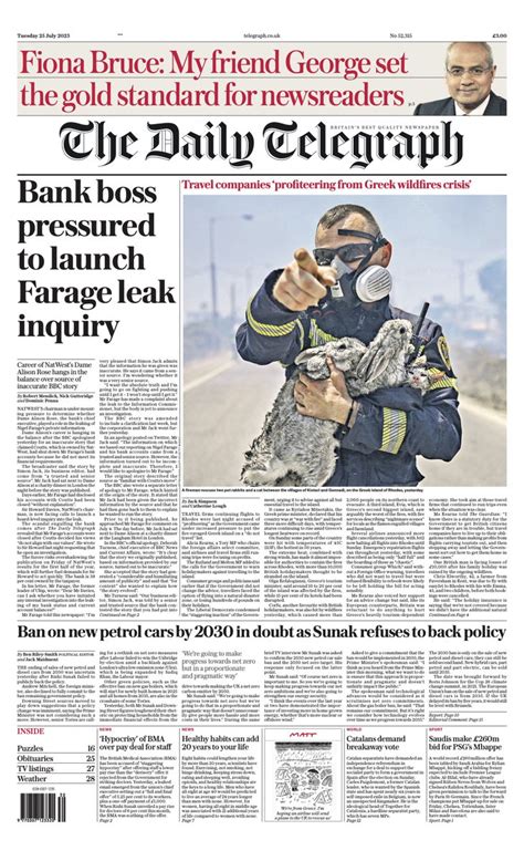 Daily Telegraph Front Page 25th Of July 2023 Tomorrows Papers Today