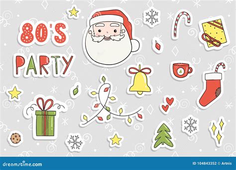 80s Christmas Party Sticker Set Stock Vector Illustration Of Pins