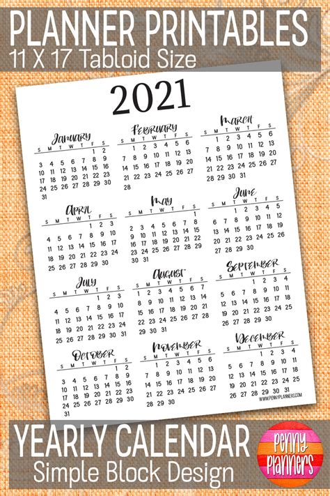 2021 Yearly Calendar Printable 11x17 Simple Wall Etsy