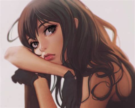 Wallpaper Face Model Long Hair Anime Girls Brunette