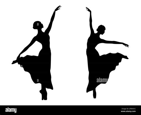 Abstract Attractive Slender Ladies Dancer In Long Dress Black Stencil Silhouettes Hand Drawing