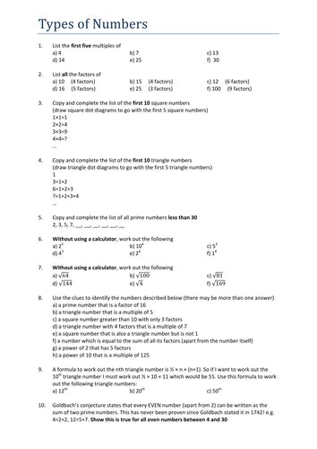 Maths Worksheet Types Of Numbers By Tristanjones Teaching Resources