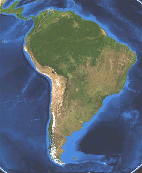 Satellite Map Of South America Land Terrain And Bathymetry Ocean