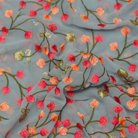 Buy Gray Poly Georgette Base Fabric With Pink Flower Embroidery-60029