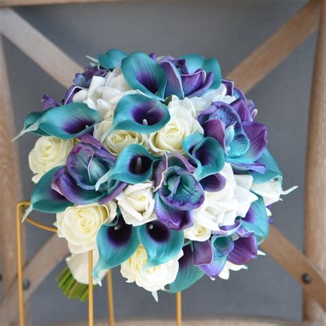 Purple Turquoise Wedding Bouquets Real Touch Calla Lilies Etsy